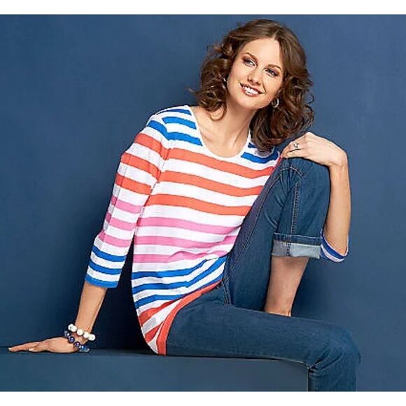 Denim & Co Womens 3X Perfect Jersey Top Pink Stripe Color Block Scoop Neck NWT - Picture 3 of 5